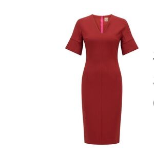 BOSS Slim fit Dark Red v-Neck Dress with short Sleeves and full zip back Sz 14